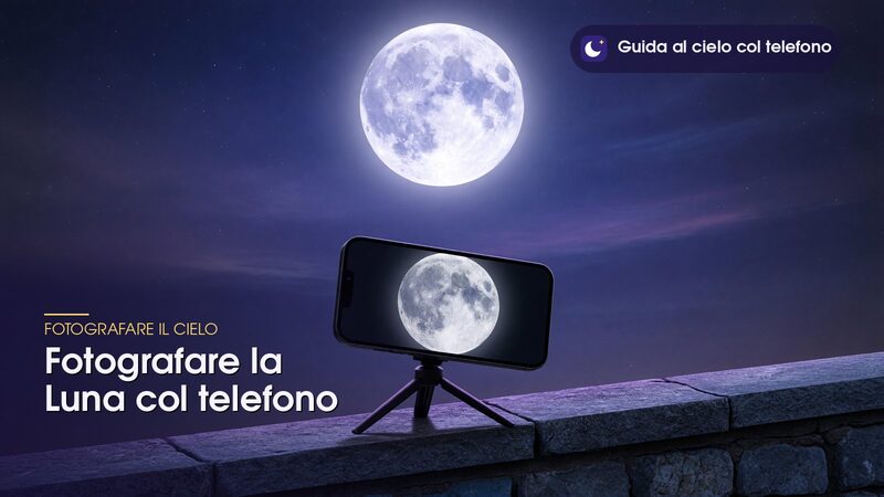 Telefono su treppiede che inquadra la Luna piena, guida per fotografare la Luna con il telefono