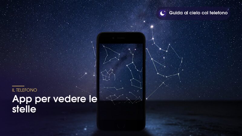 Telefono con un'app per vedere le stelle che traccia le costellazioni sul cielo reale